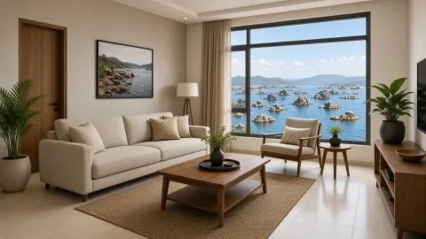 Bright apartment living room with a lake view