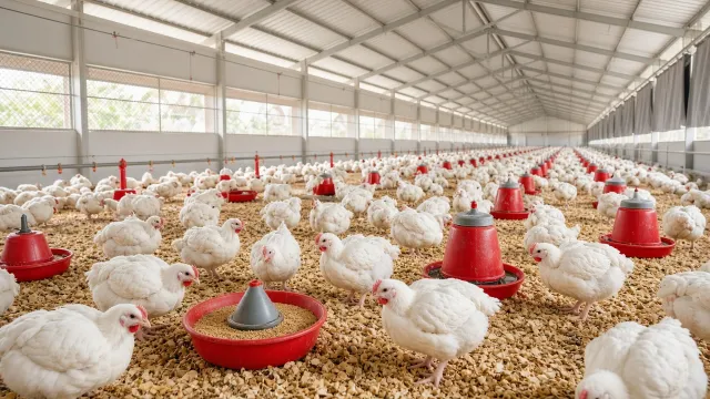 Plump broiler chickens at the feeders
