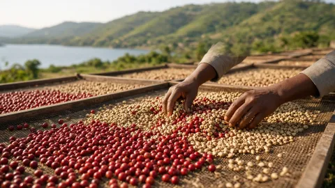 Ripe coffee cherries drying on raised beds
