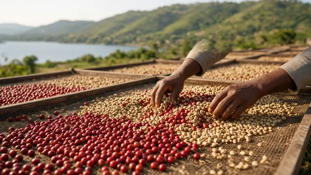 Ripe coffee cherries drying on raised beds