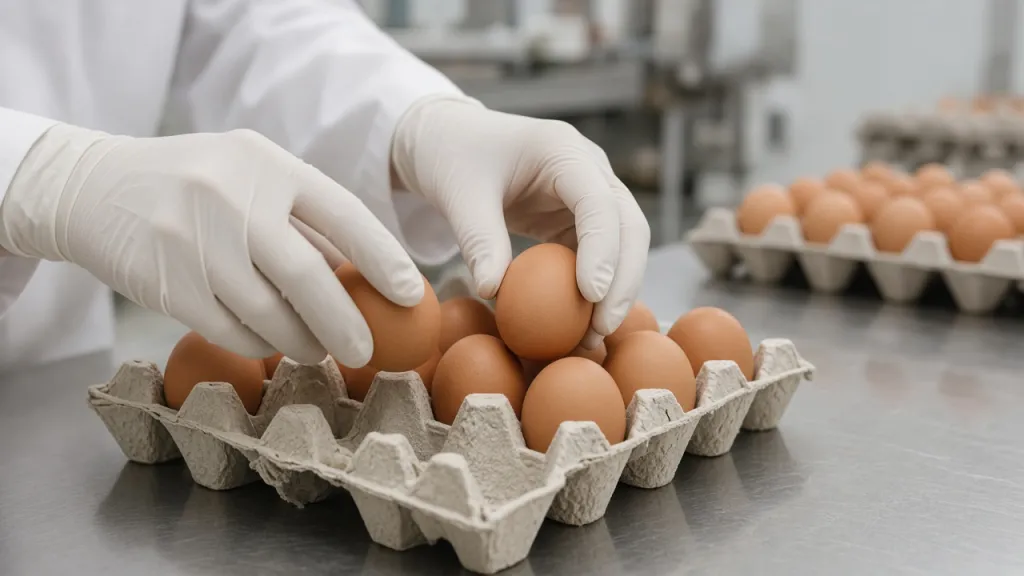 Packing fresh brown eggs into trays