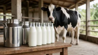 Fresh milk in cans and bottles in a clean dairy