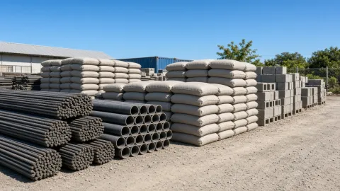 Rebar, pipes, cement and blocks in an organised hardware yard