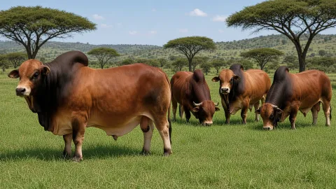 Well-fed Boran beef cattle on green grass