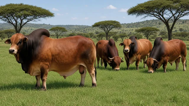 Well-fed Boran beef cattle on green grass