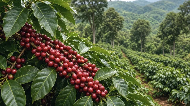 Ripe red coffee cherries on the branch