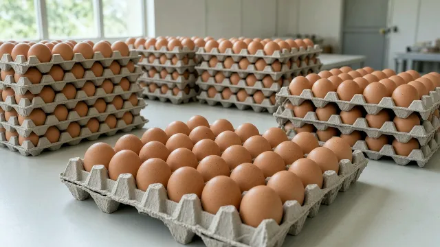 Trays of fresh brown eggs